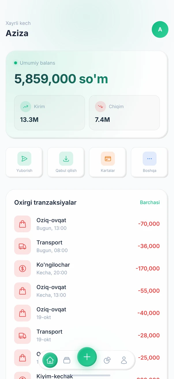 Ilova bosh sahifasi: balans, kirim, chiqim va oxirgi yozuvlar