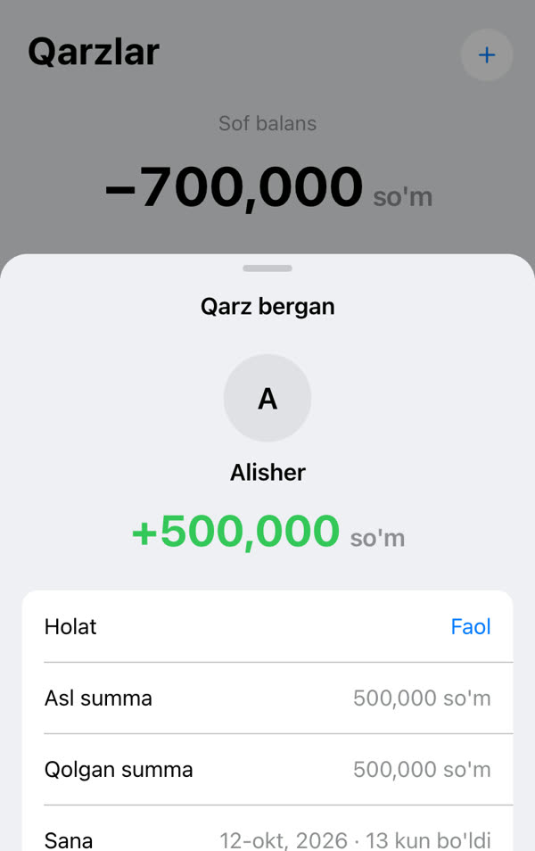Qarzlar: karta va eslatma